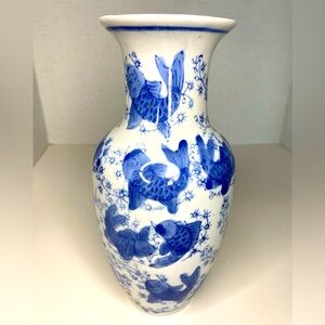 New in Box Embassy 8” Tall Porcelain Vase White with Blue Koi Pattern All Over